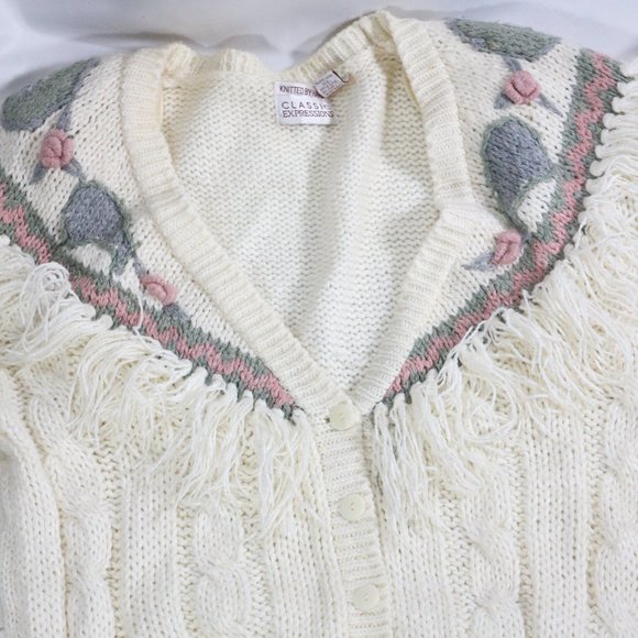 CLASSIC EXPRESSIONS Knitted by Hand Fringe Collar Button Sweater Sz 18W Women - Picture 2 of 11